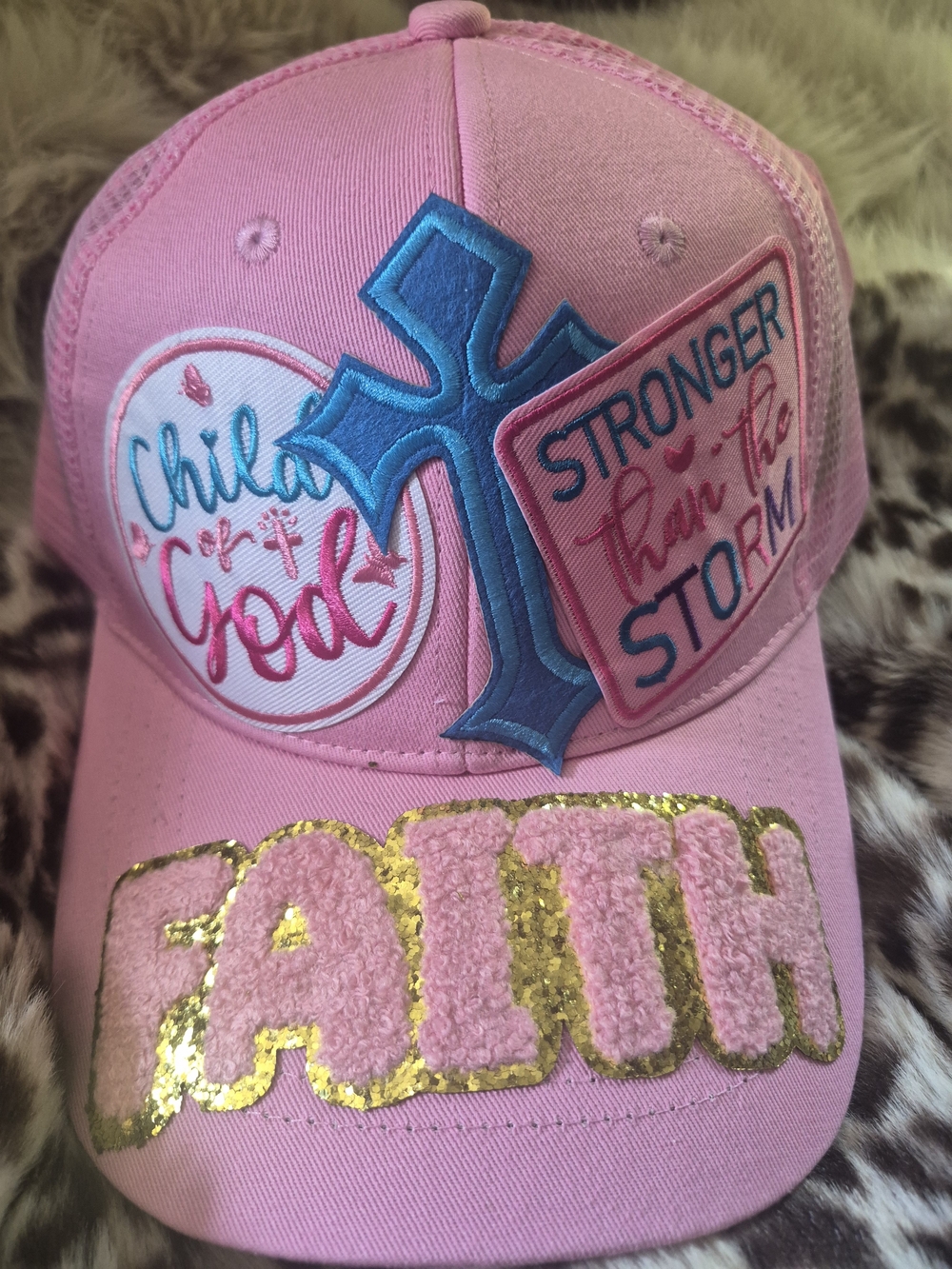 Pink Faith Embroidered Trucker Hat with Cross & Patches